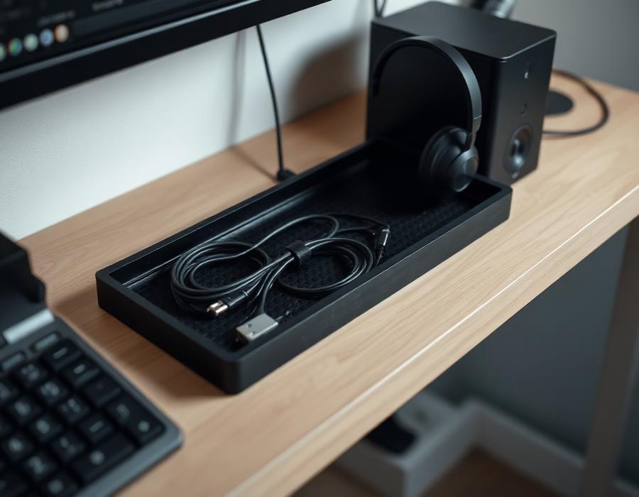 3D printed cable tray with coiled cables on a desk